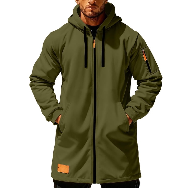 Mens Trench Coat Hoodie Long Jacket Full Zip Winter Business