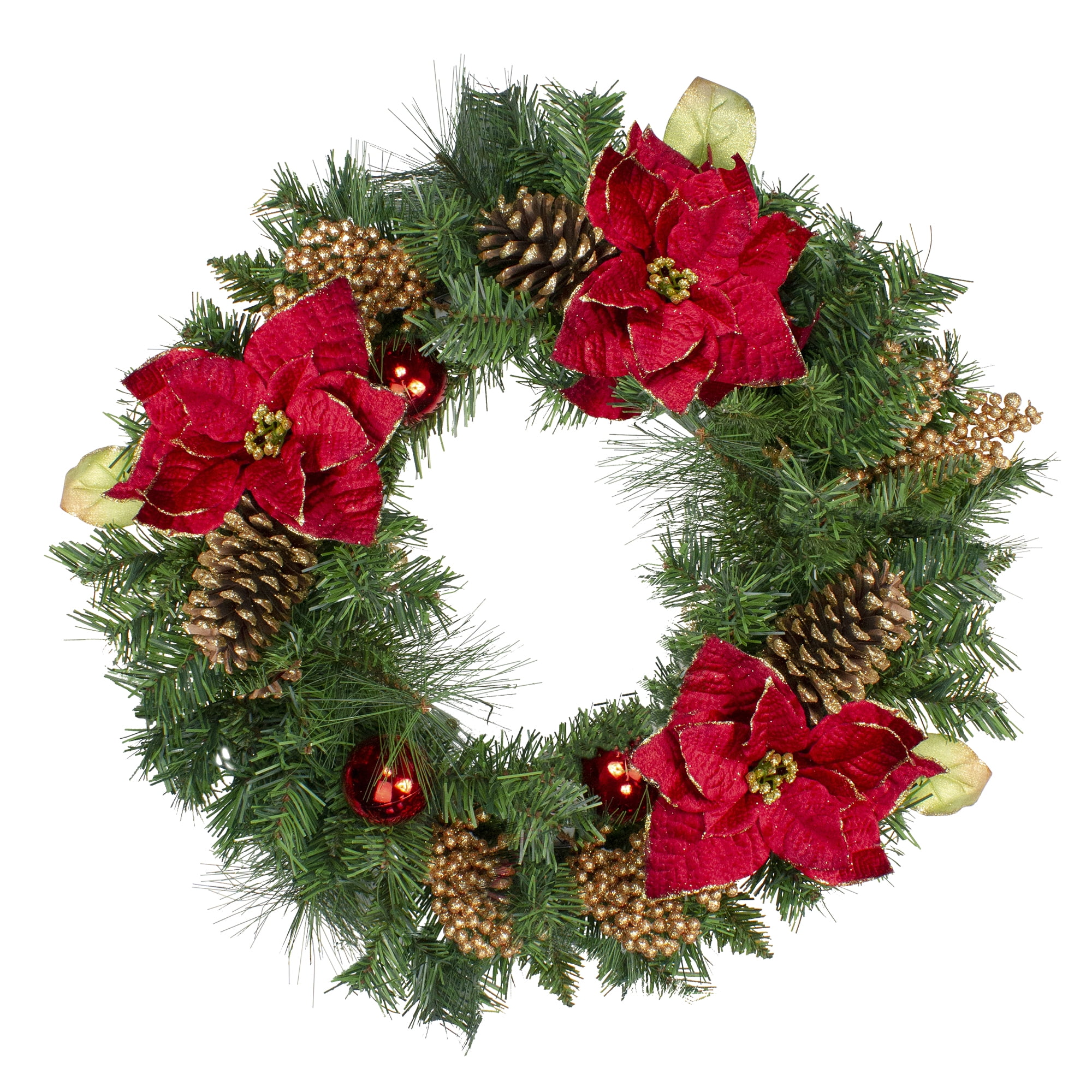 Green Pine and Poinsettias Artificial Christmas Wreath - 24-Inch, Unlit