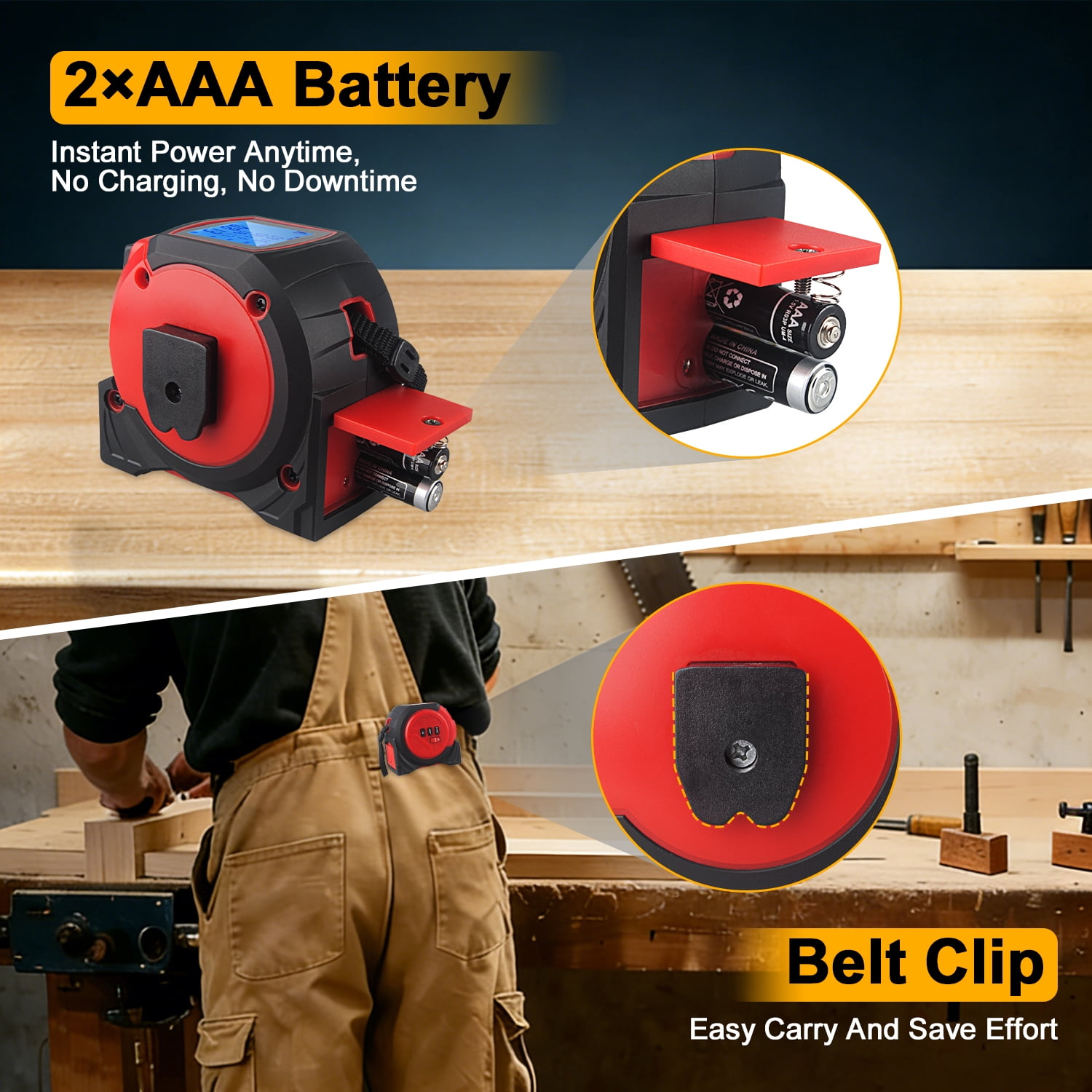 ABCPOW 3-in-1 Digital Laser Tape Measure,197ft Laser Distance Meter with LCD Display,16ft AutoLock Digital Tape Measure with Cross Line,Digital Level, Pythagorean/Area/Volume,Ft/Ft+in/in/M Units,Red