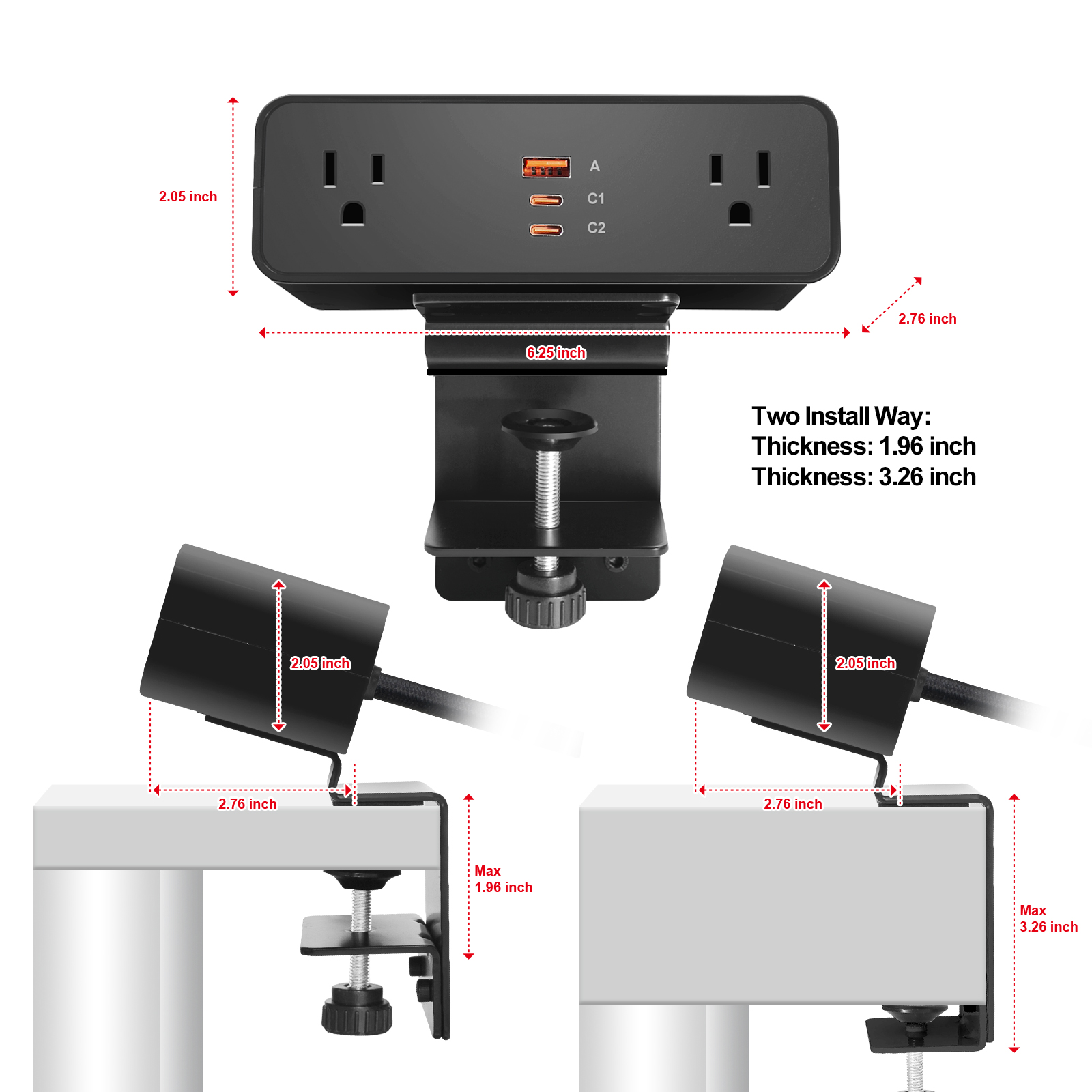 Desk Clamp Power Strip USB C 100W, Desktop Edge Mount Fast Charge Station 3 PD USB Port 2 AC Outlets 6ft Braided Extension Cord Flat Plug Fit Max 3.26’’ Tabletop Edge for Gaming Office Table