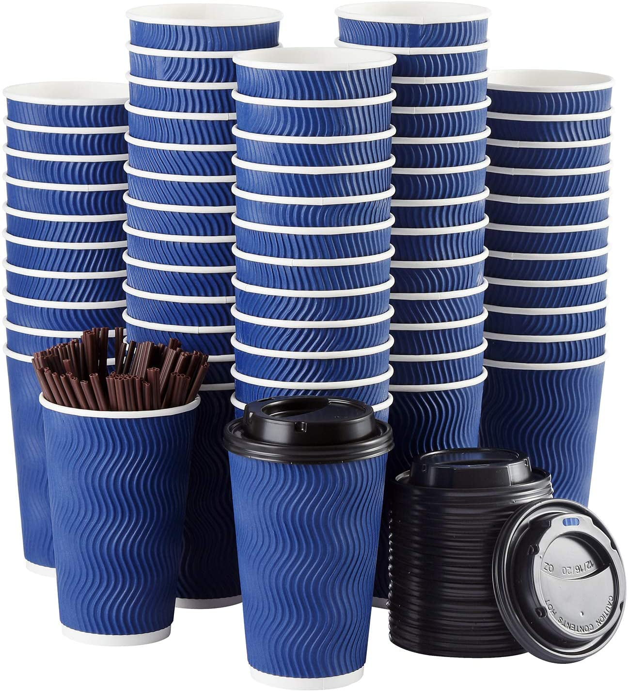 Disposable Coffee Cups Luckypack with Lids and Straws - 16 oz (90 Set