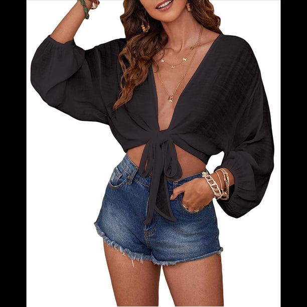 Traje de Baño para Mujer, Túnica, Bikini con Lazo, Camiseta de Playa Suave de Larga Negro L