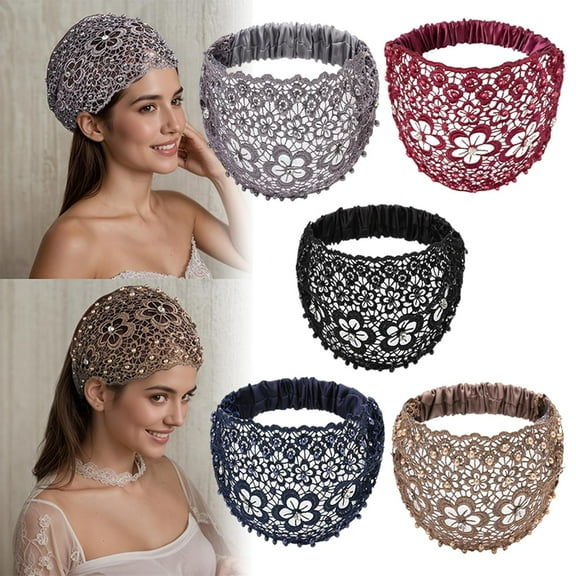 5PCS Boho Chic Crystal and Pearl Headband, Boho-Chic Crystal & Pearl Embellished Wide Headbands for Women, lace headbands, Floral Beaded Wide, Ideal for Weddings Vacations Styling