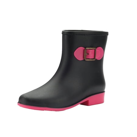 

jsaierl Women Waterproof Non-slip Solid Color Rain Shoes Fashion Plastic Low Heel Hasp Mid Boots