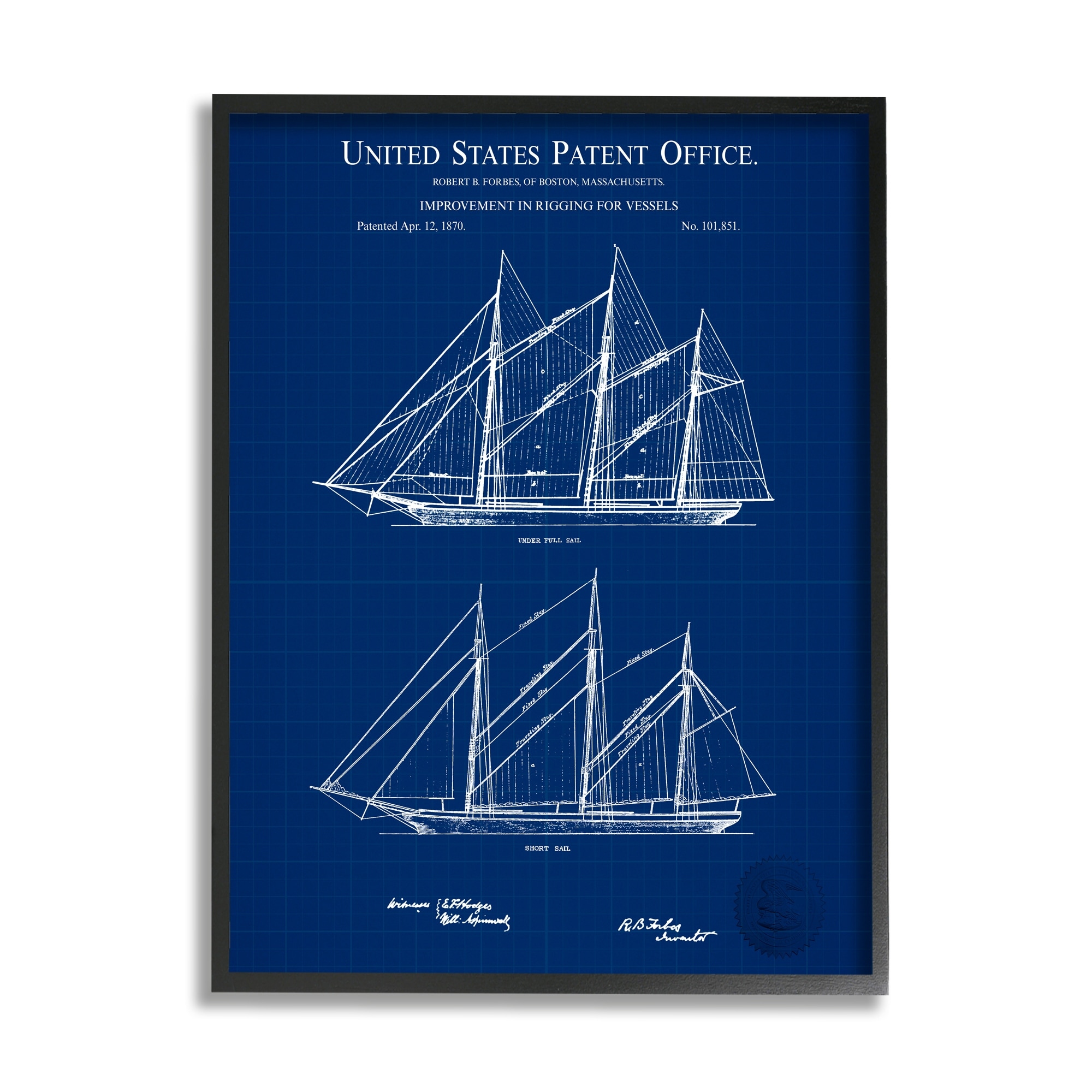 Stupell Industries Blue Ship Boat Diagram Detailed Blueprint Patent Design Framed Wall Art, 16 x 20, Design by Karl Hronek