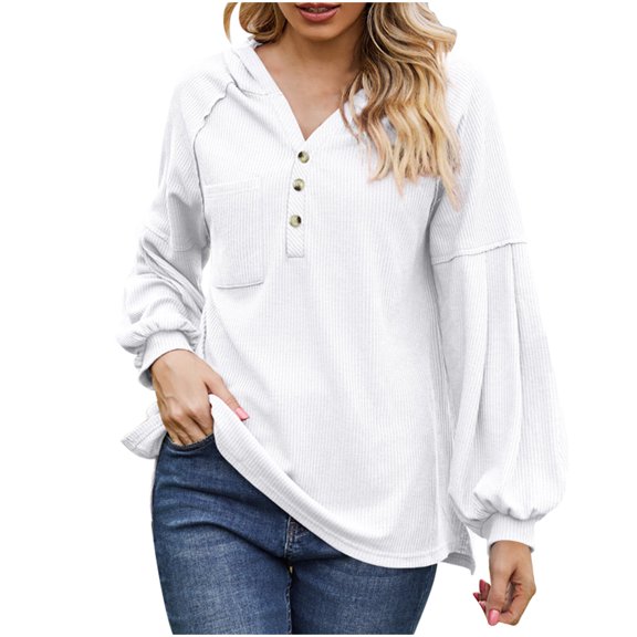 ShomPort Womens Fall Hoodie Casual Long Sleeve Button Collar Sweatshirt Loose Ribbed Pullover Tops