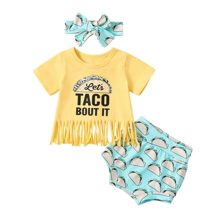 

Baby Girls Summer Outfit Yellow Short Sleeve Tassel Hem Tops and Pattern Print PP Shorts with Headband 3Pcs