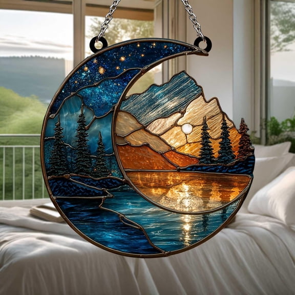 Crescent Moon ACRYLIC Suncatcher - Faux Stained Glass Window Hanging with Mountains, Forest & Lake Reflection - Nature Night Gift