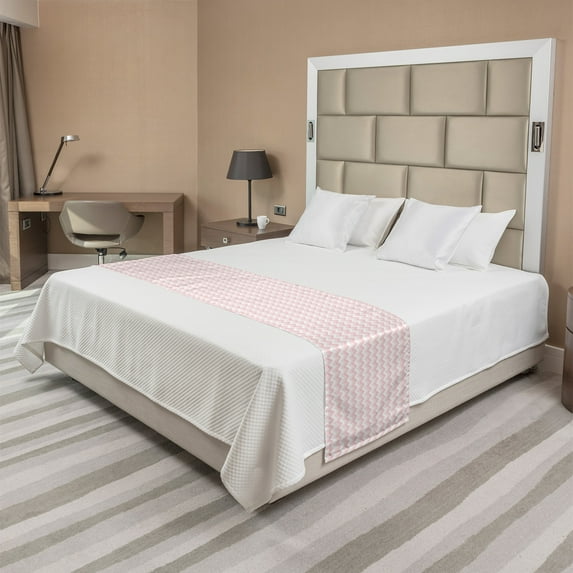 Chevron Bed Runner, Zigzag Chevron Grunge Pattern in Soft Colors Simplicity Design, Decorative Accent Bedding Scarf for Hotels Homes and Guestrooms, King, Rose Pale Pink White, by Ambesonne