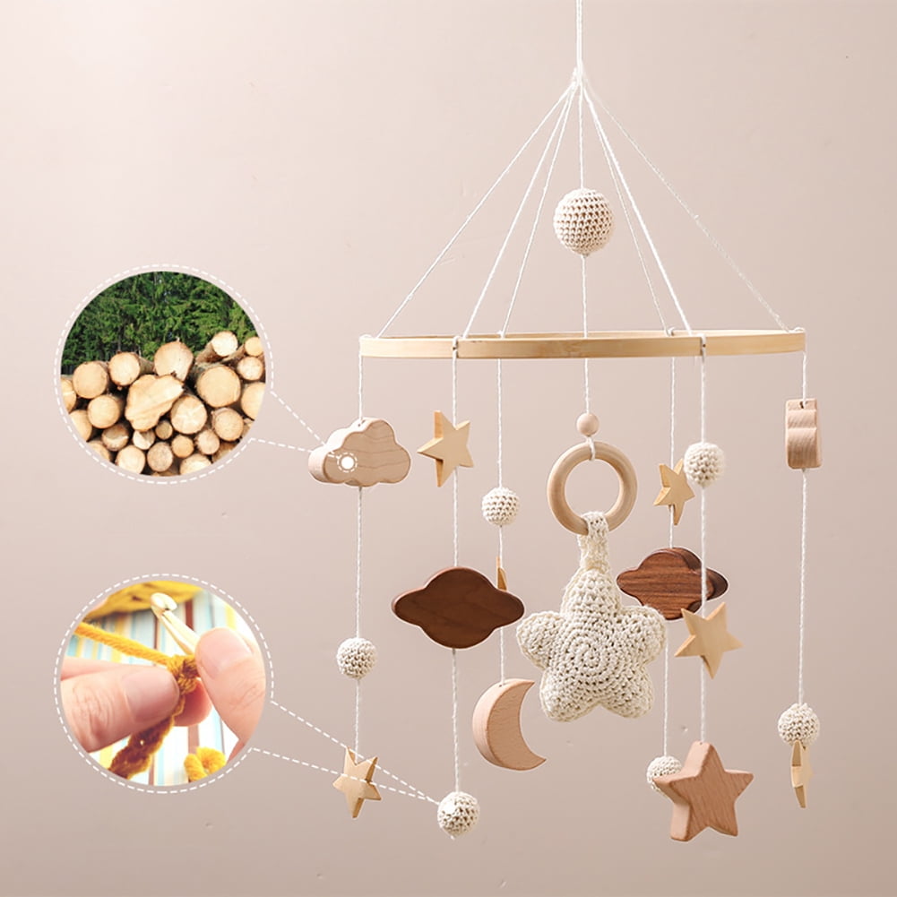 Hot Air Balloon Crib Bell – Rotating Wooden Baby Bed Bell with Stars, Moon & Cloud Pendants, Hanging Wind Chime for Newborn Nursery
