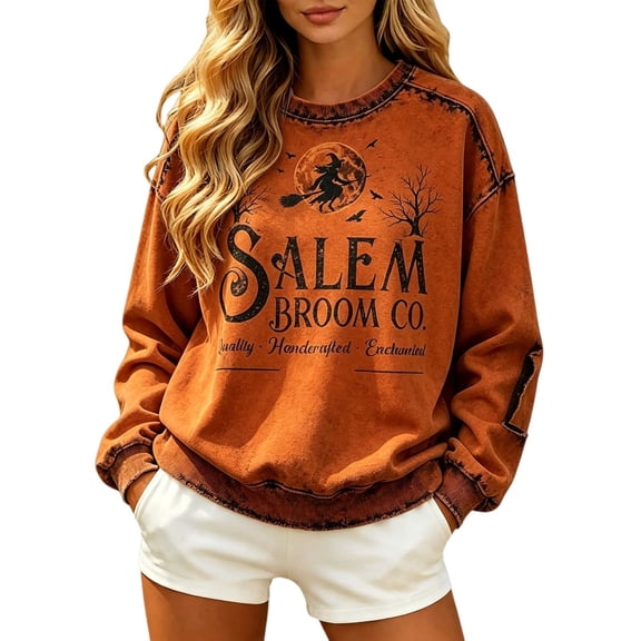 Halloween Sweatshirt for Women Salem Broom Company Printed Sweatshirt 2026 Crew Neck Halloween shirts Casual Salem Witch Sweatshirt