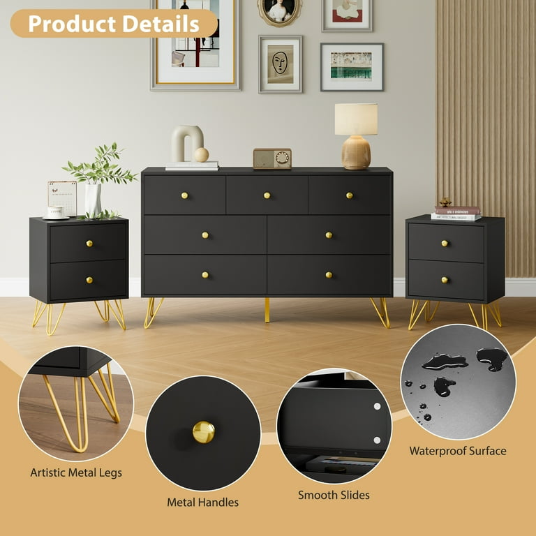 walmart black dresser set Kappesberg Cambridge 4-Piece Black Modern Bedroom Furniture Set with 6-Drawer Dresser, 3-Drawer Chest, and 2 Nightstands