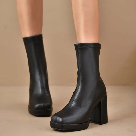 Wowcloth Women's Fashion Casual Winter Comfortable Plus Size Ankle Boots – Solid Color Square Toe Thick Sole Chunky Mid Heel Boots for Daily Wear
