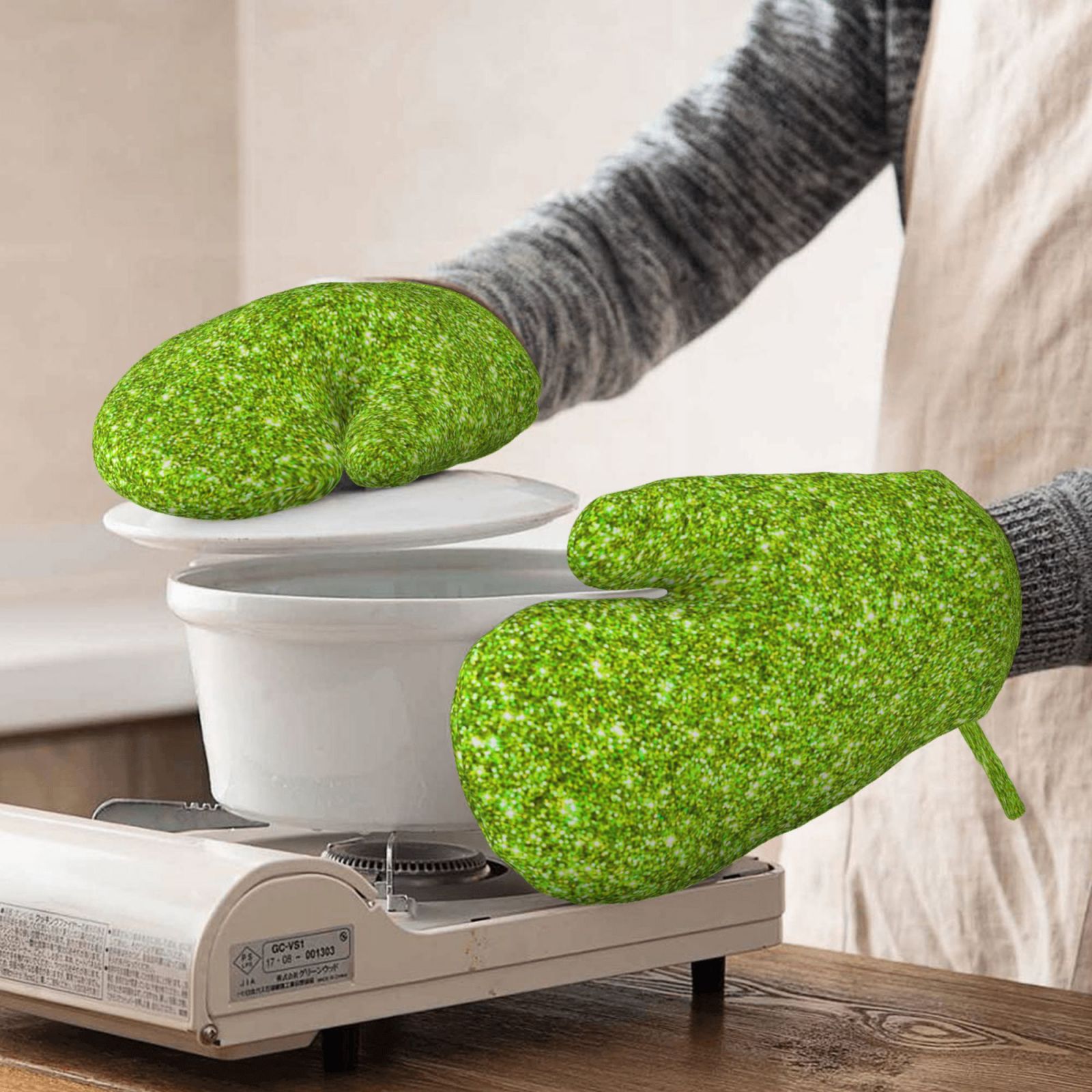 Hirioo Lime green glitter for Silicone Oven Mitts for BBQ, Baking, Cooking, Set of 2, Heat Resistant 260℃, Non-Slip Kitchen Essentials