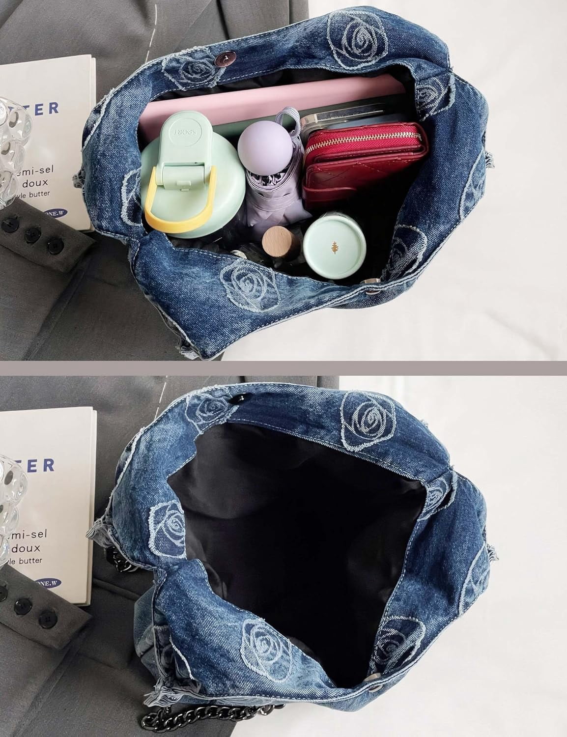 Denim Hobo Tote Bag for Women，Jean Casual Shoulder Purse with Floral Pattern、Chain Strap, Blue