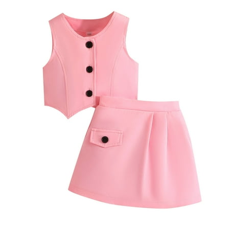 

Baby Girl Outfits Summer Solid Sleeveless Button Tops Skirt Clothing Sets for Girls Size 18-24 Months