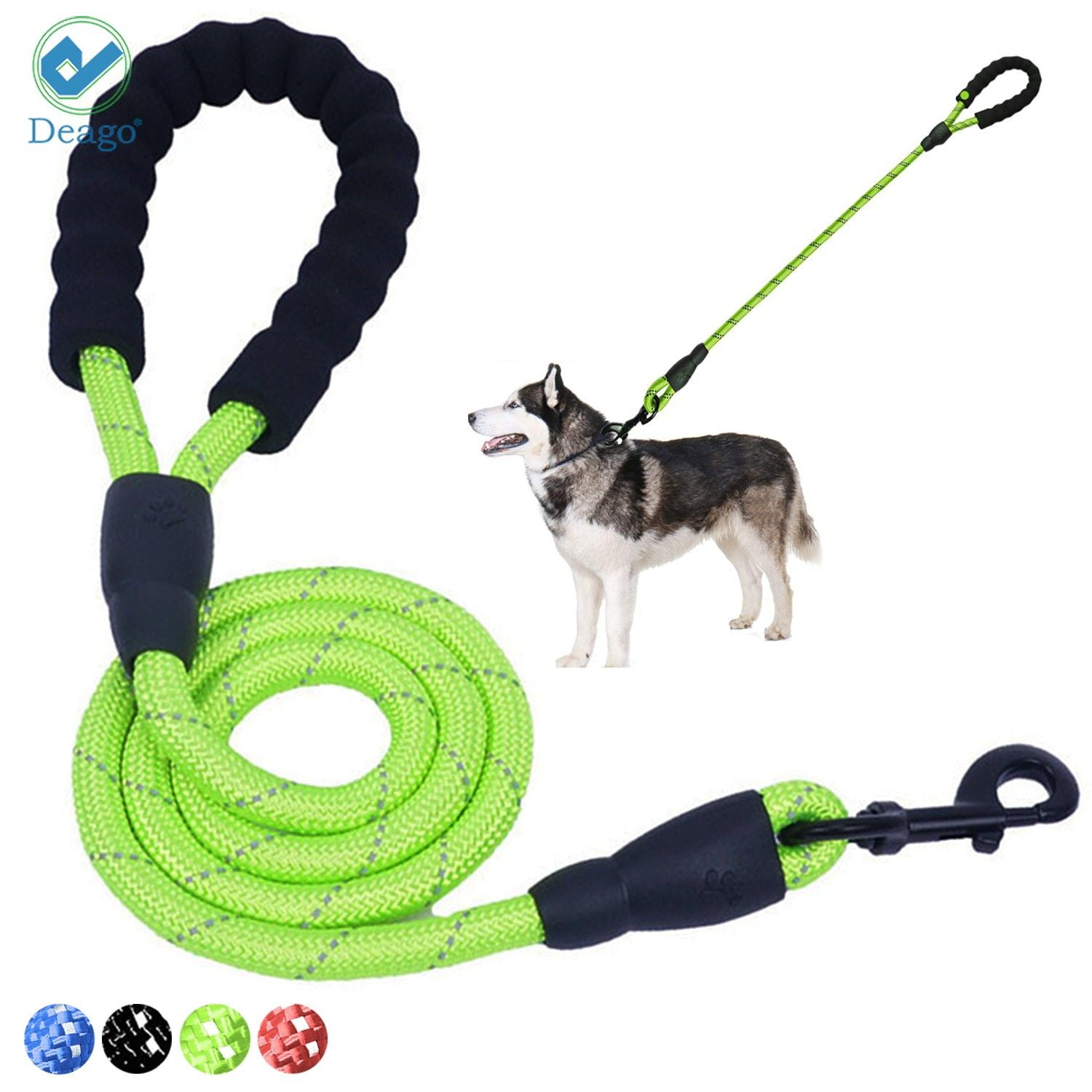 HIKISS 5 FT Strong Dog Leash Rope Leash with Comfortable Padded Handle and Highly Reflective Threads Durable Dog Leashes for Medium and Large Dogs-Black Green 18-120 lbs
