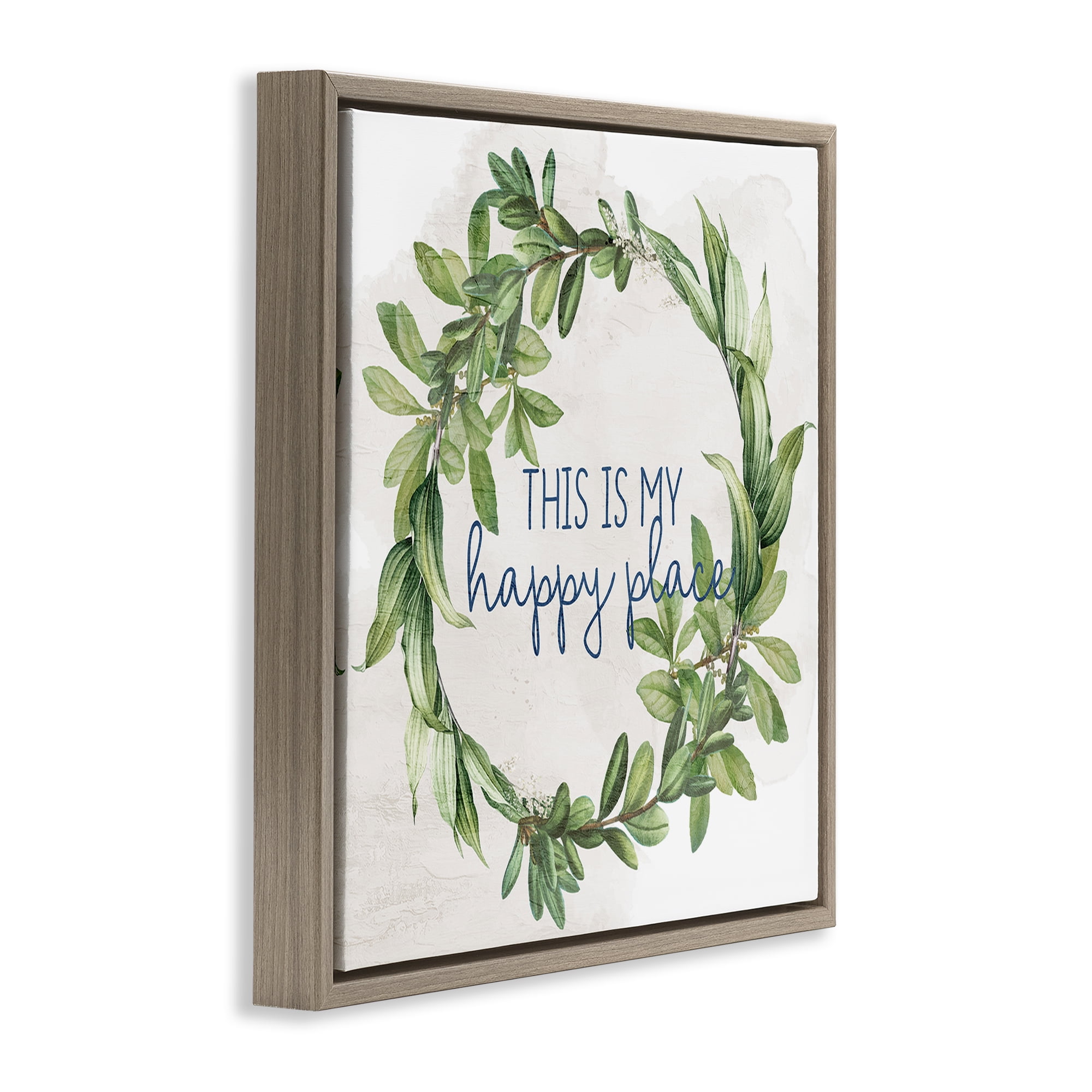 Stupell Industries Happy Place Wreath Plants & Flowers Painting Brown Floater Framed Canvas Art Print Wall Art, 18 x 18