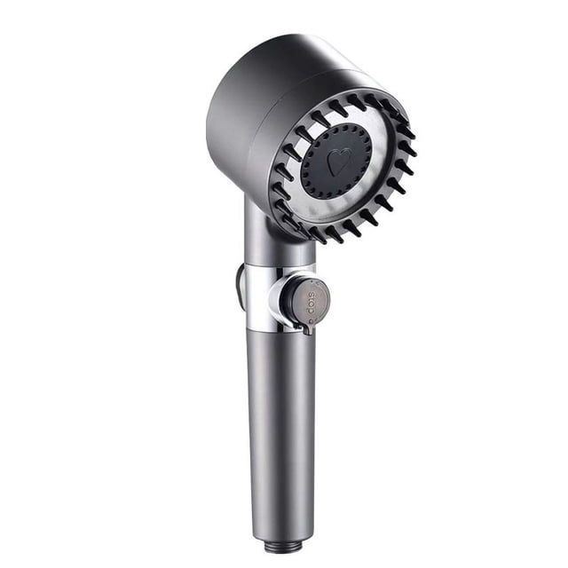cabezal de ducha de masaje funcional, cabezal de ducha con alta presión de mano, cobertura de cuerpo completo, potente suavizante de agua dura para lluvia, mano cilíndrica gris con rociador circular y puntas flexibles alrededor, conexión roscada inferior y selector de modo lateral visible; a menudo usado para enjuagues dirigidos en limpieza rápida.