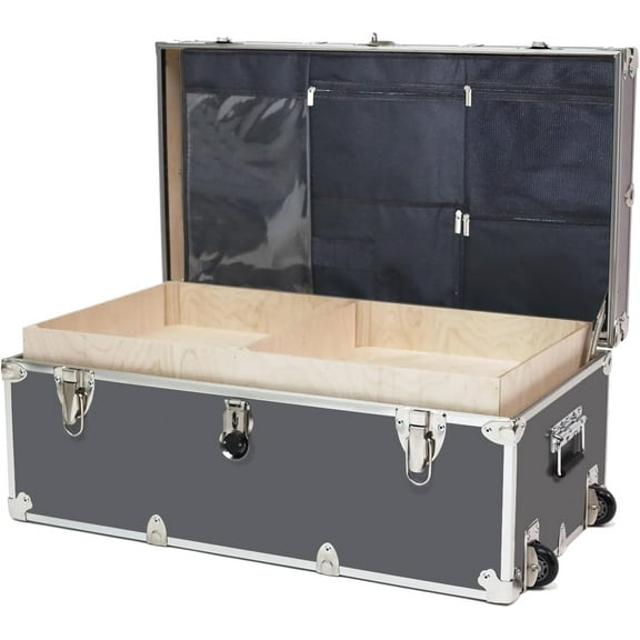 Rhino Trunk & Case Large Essential College Trunk with Wheels, Tray & Lid Organizer, Dorm Storage Chest, Ideal Student Footlocker, Strong Trunks, 1000  Pound Sitting Capacity 32"x18"x14" (Gray)