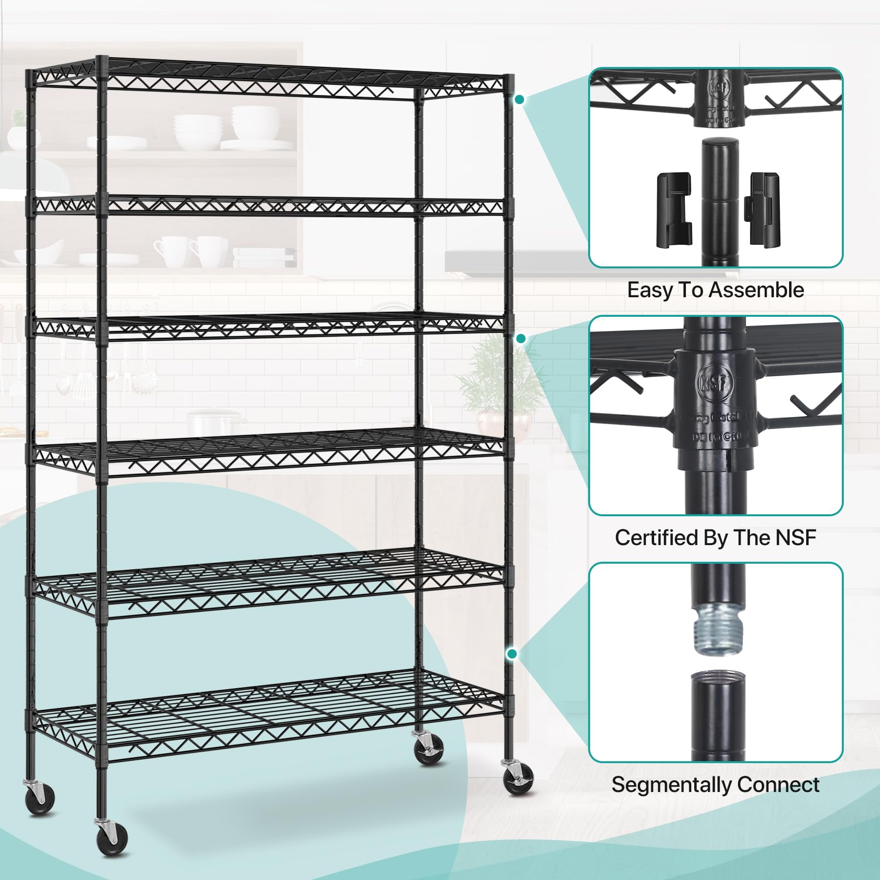 6-Tier Storage Shelves 45" x 18" x 82" Heavy Duty Metal Shelving Unit 2100Lb Capacity Adjustable Storage Racks with Wheels for Basement Commercial, Black