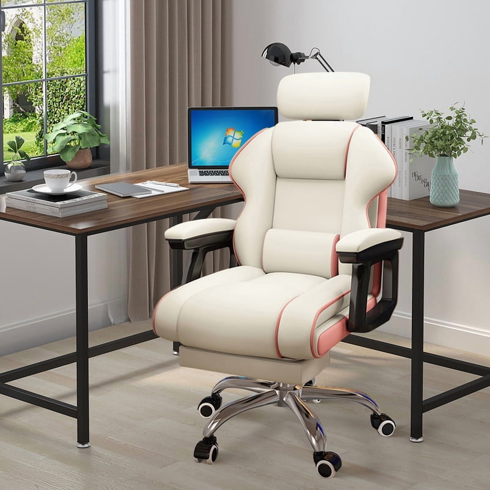 WXJHL Executive Computer Chair Home Office Desk Chair,Adjustable Angle, Ergonomic Adjustable Height PU Leather Chairs with Cushions Armrest for Long Time Seating-High Office Chair （White-Pink）