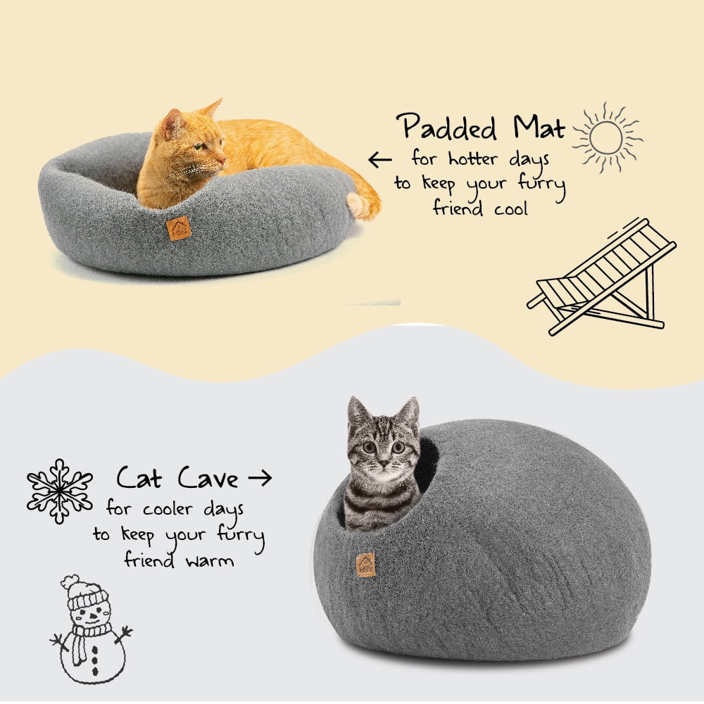 HAUSSIMPLE Wool Cat Cave Bed for Large Cats, Pet Sleeping Bed Natural 100% Merino Wool - Plain Gray