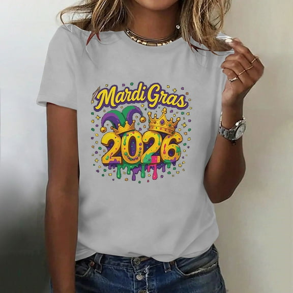 PNTUTB Summer 2026 Women's Mardi Gras Printed Short Sleeve Round Neck Casual Loose Comfortable T Shirt