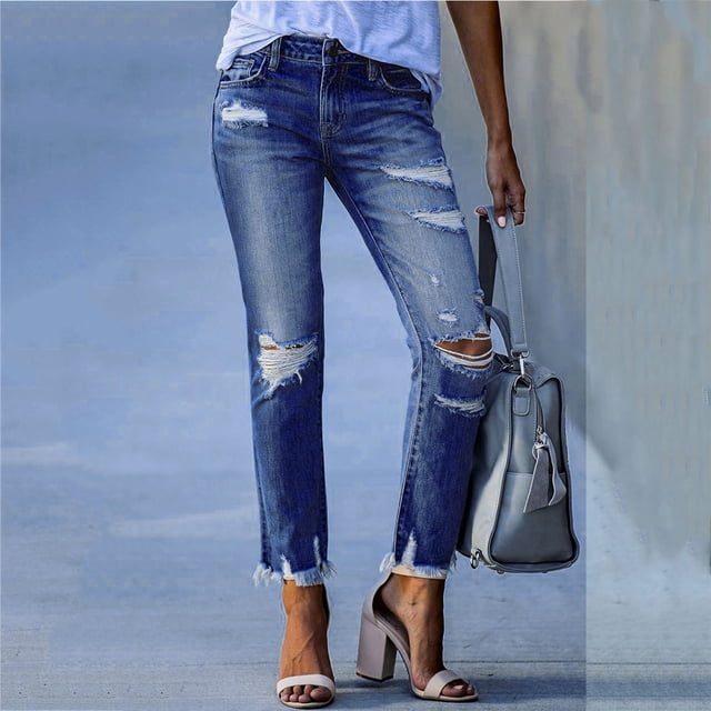 Pntutb Moda Mujer Bolsillos Botón Cintura media Flaco Ripped Jeans Pantalones Agujero Pantalones de mezclilla Pntutb Pntutb-4818