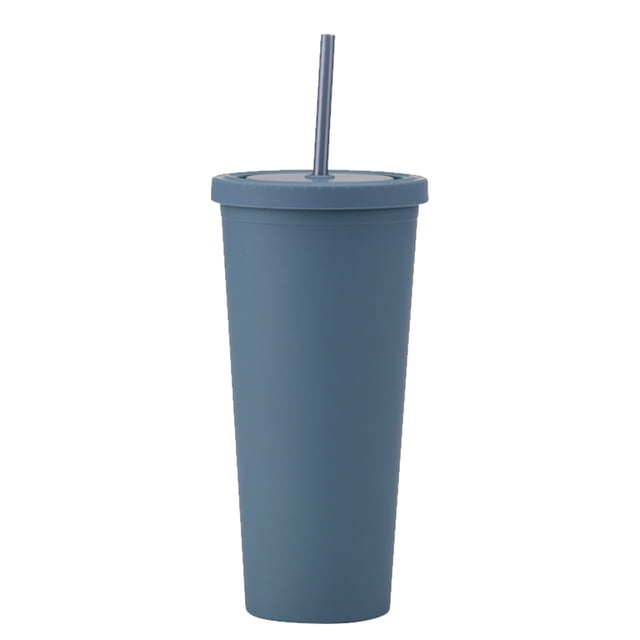 700ml reusable cold water cup plastic cup, double-layer solid color beverage cup with lid and straw