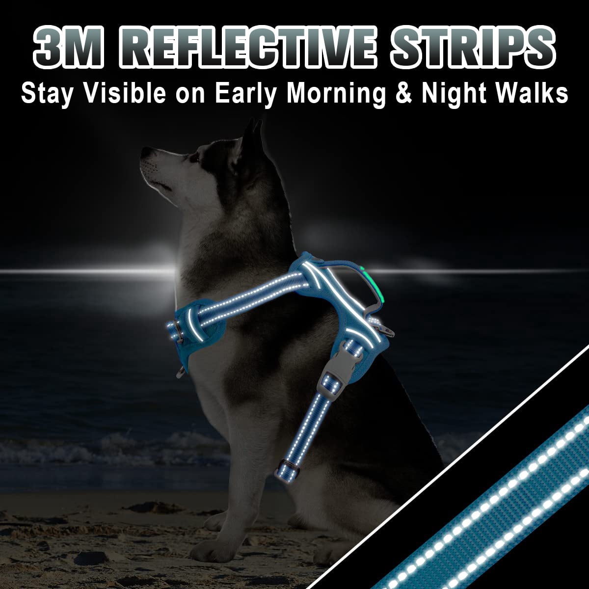 BARKBAY No Pull Dog Harness Large Reflective Dog Harness with Front Clip and Easy Control Handle for Walking Training Running with ID tag Pocket(Ocean Blue,L)