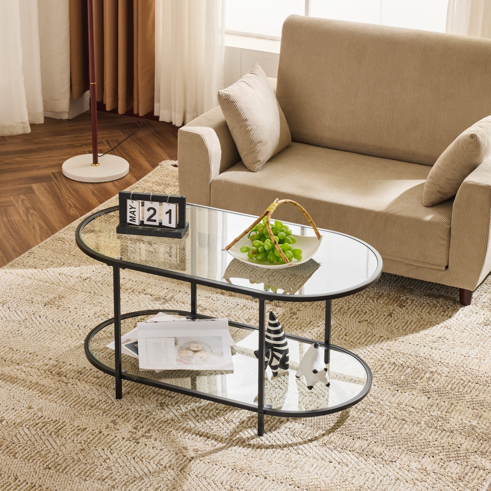 Ktaxon Rustic Coffee Table, Transparent Glass 2-Tier Oval Vintage Minimalist Design Center Table Rust Resistant Narrow Table for Living Room, Black