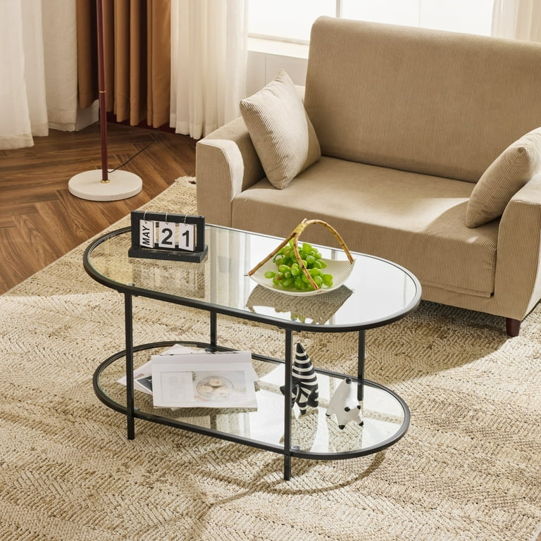 Ktaxon Rustic Coffee Table, Black Iron Frame, Tempered Glass Top