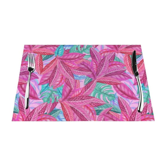 XMXT 1 Pcs Woven Placemats, Magenta Tropical Botanical Print Stain Resistant Anti-Skid Placemat for Kitchen Table, 12 x 18 inches