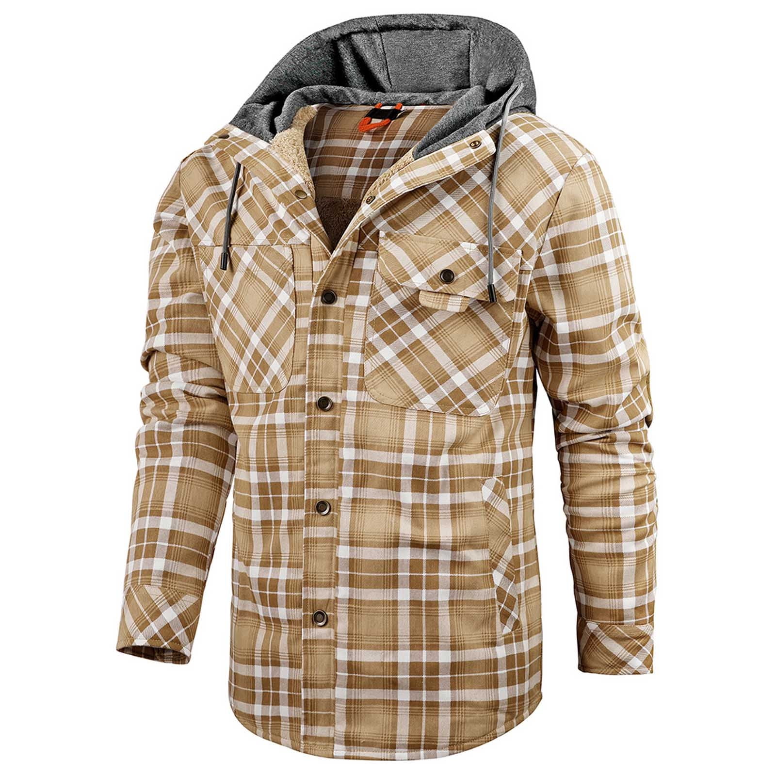 Men's Long Sleeve Flannel Plaid Shirt Jacket with Hood Drawstring Hooded  Coat Fuzzy Hoodie Khaki Size L