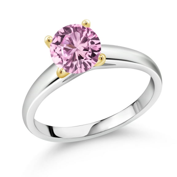 Gem Stone King 1.66 Ct 7mm Round Pink Created Sapphire 10K White and Yellow Gold Ring Ring (Size 5)
