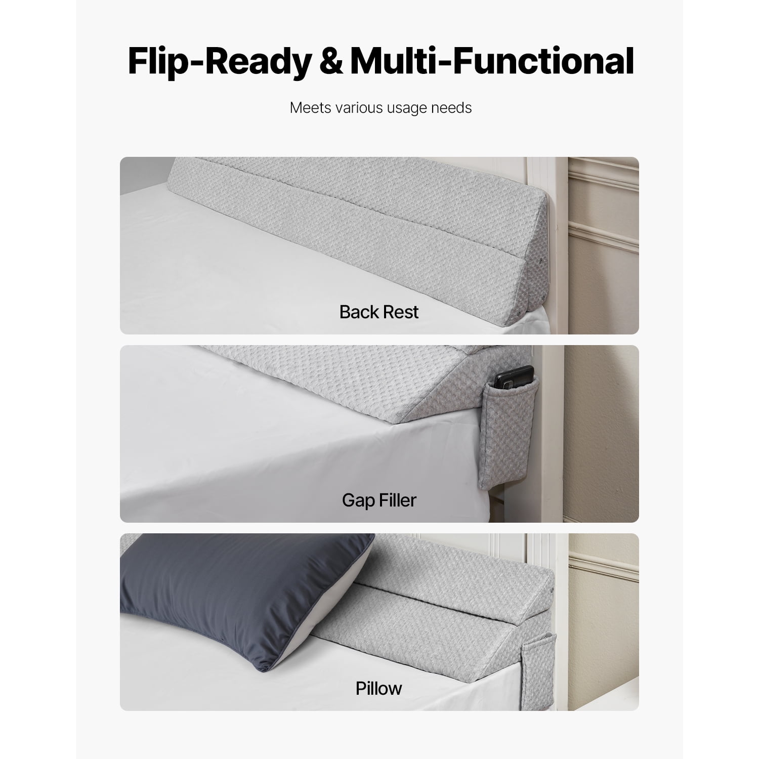 KFFKFF Bed Wedge Pillow for Headboard, Queen Size, 60"x10"x6" Gap Filler, Covers 0-7" Space Between Mattress and Headboard, Foam Cushion with Side Pocket, for Back Support, Gray