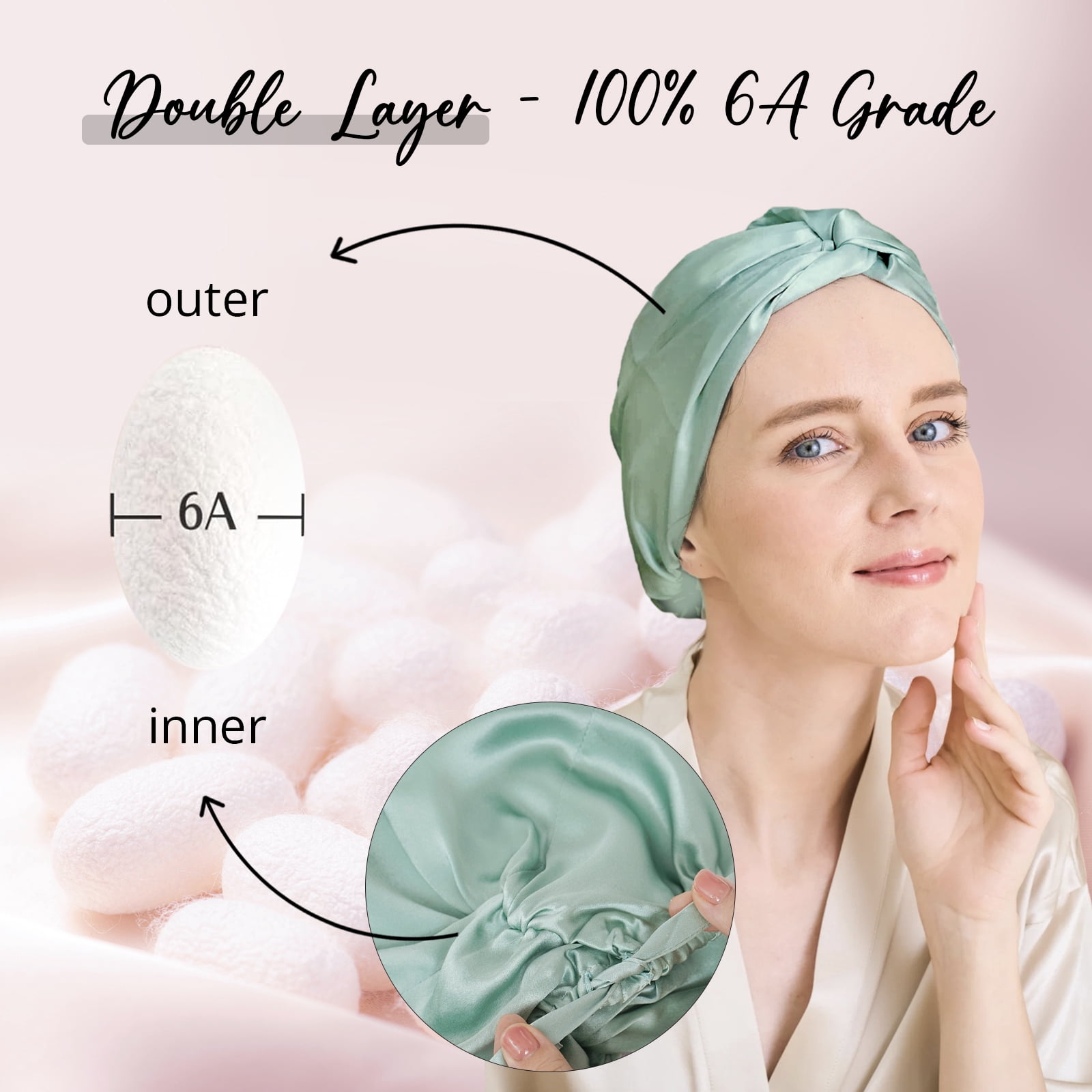 WIGI 100% Mulberry Silk Bonnet with Scrunchie Gift for Women, Silk Bonnet for Sleeping, Shower Cap Hair Bonnet, Silk Hair Wrap for Hair Care (100% Mulberry Silk (Bow design), Mint Green)