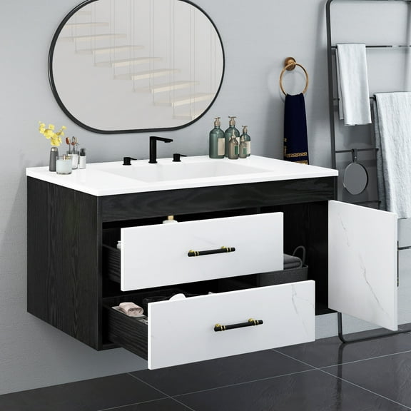 ModFusion 37" Bathroom Vanity Cabinet with SMC Single Basin & Dual Drawers with Soft-Close Doors, Black White
