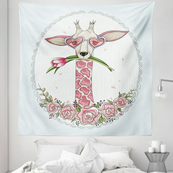 Valentine Tapestry, Hipster Giraffe with Tulip and Heart Shaped Glasses Vintage Frame, Fabric Wall Hanging Decor for Bedroom Living Room Dorm, 5 Sizes, Pale Blue Pale Pink, by Ambesonne