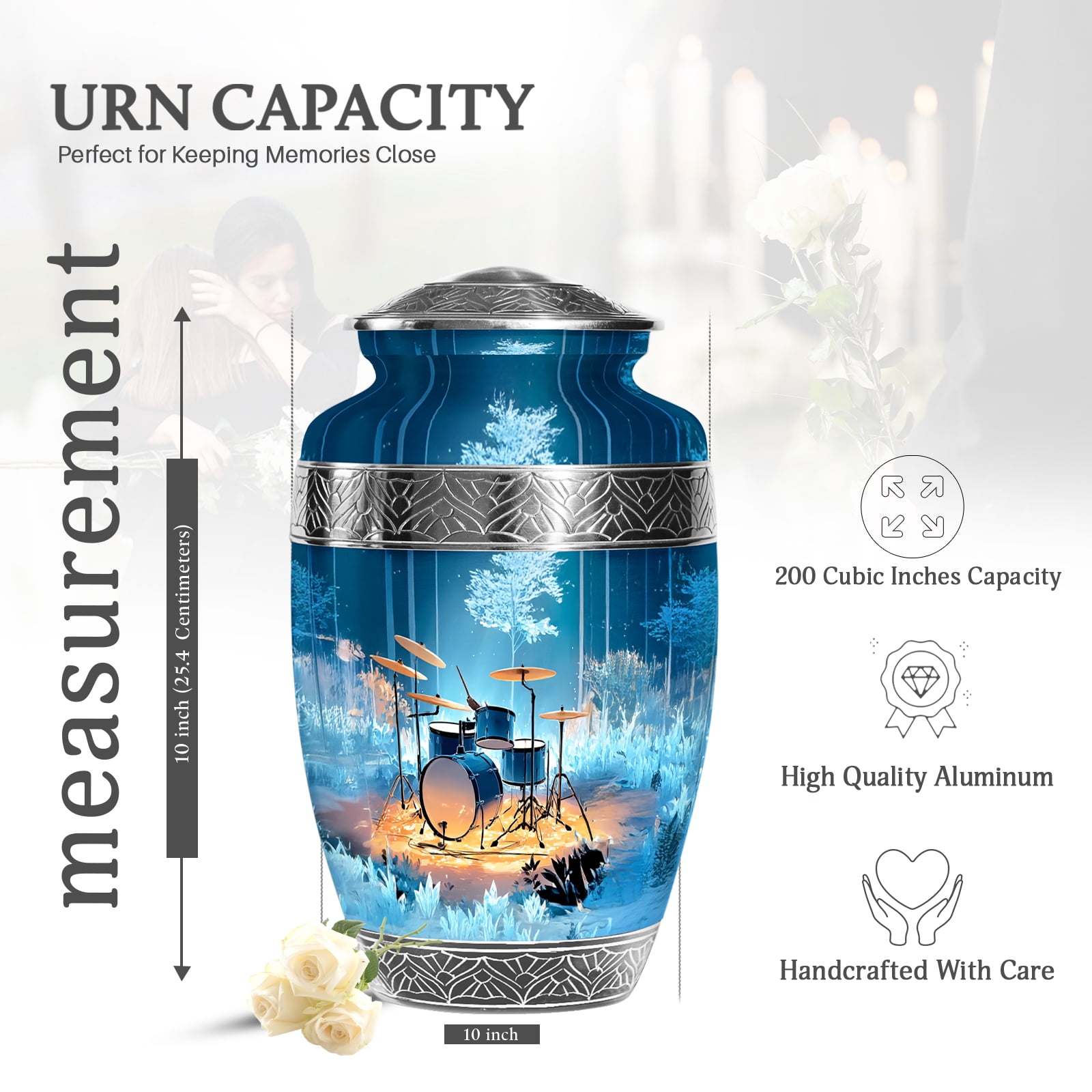 KARYLIZ Drummer's Decorative Urns for Burial & Funeral - Midnight Blue Large Cremation Urns for Adults - Funeral Urn for Ashes Adult Female Mom - Human Ash Urn for Ashes Adult Male Drummer 10 Inch