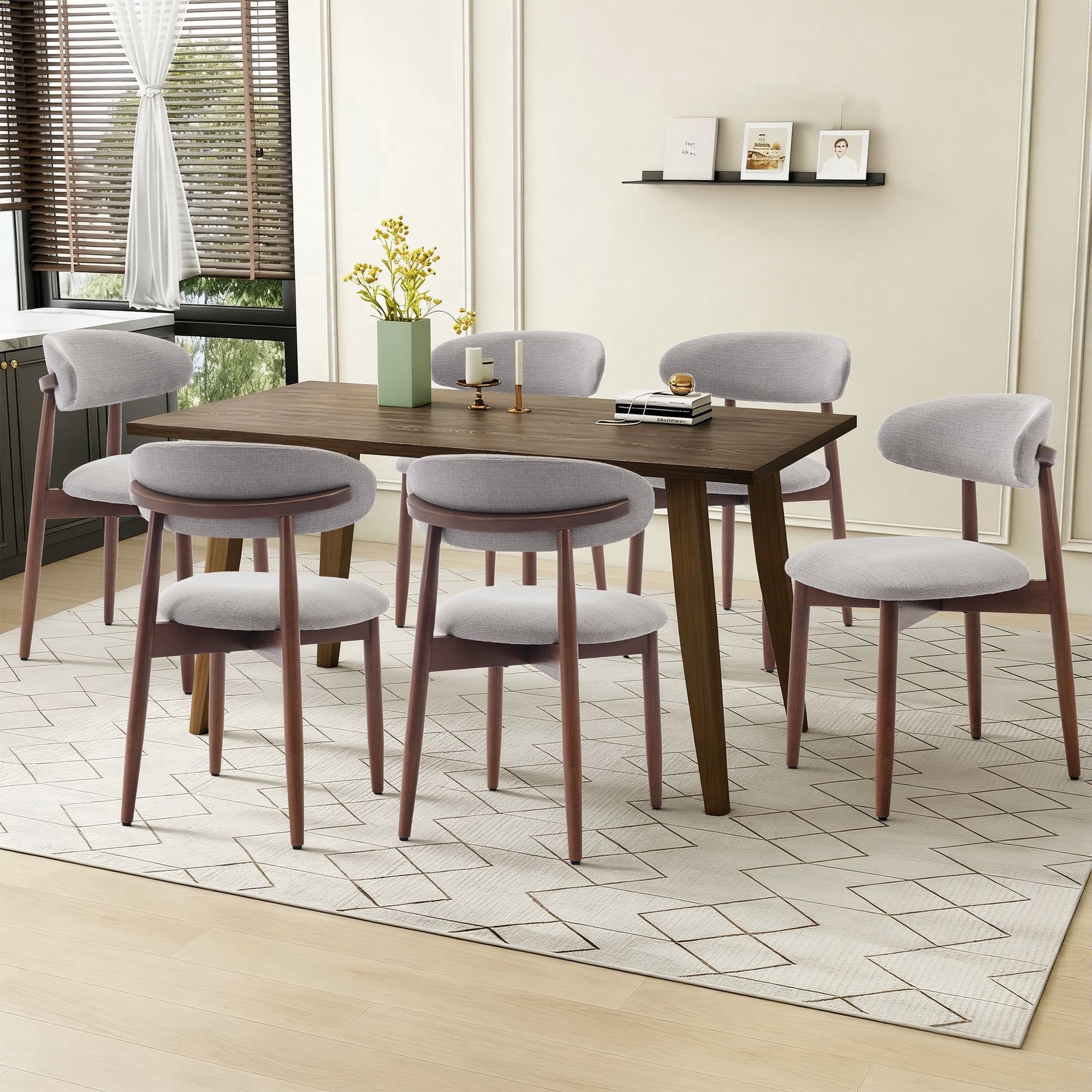 Set of 6 Upholstered Modern Dining Chair, Wooden Kitchen Side Chair for Dining Room and Café, Lightgrey