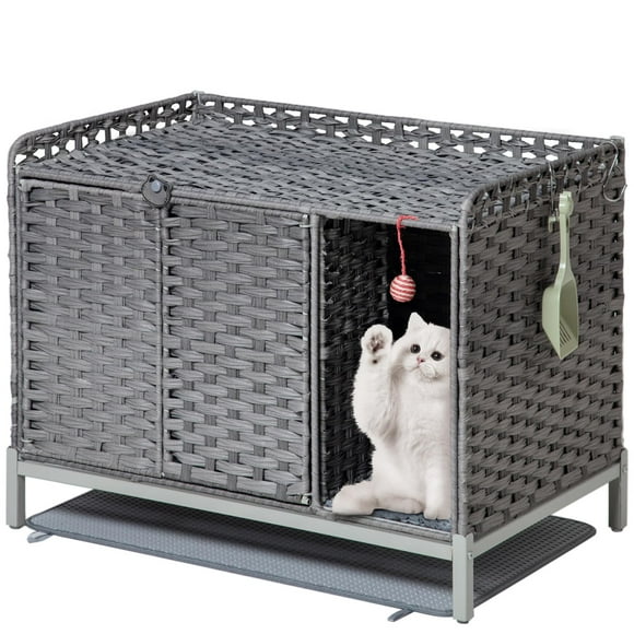 SETVSON Cat Litter Box Enclosure Furniture with Divider, Handwoven Rattan Litter Box with Mat, 31.2 x 19.6 x 24.2 Inches, Metal Heightened Feet, Hidden Cat House for Living Room, Bedr