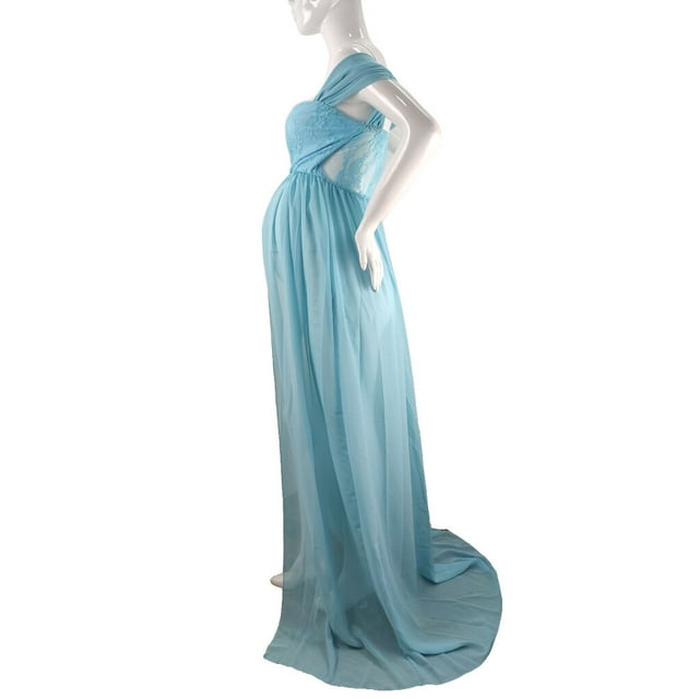 Maoww Robe de Maternité pour Photographie Épaules Dénudées Robe en Chiffon Maxi Grossesse Longues Robes pour Séance Photo Femmes Bleu Clair P