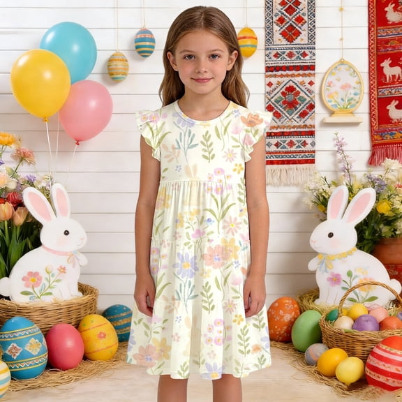 RTKFRFLM Big Girls Easter Loose Flutter Sleeve Dress for 6-15 Years, Kids Fashionable Holiday Spring Summer Party Gown, Soft Breathable Festive Clothing, Stylish Childrens Casual Sundress, 1PC