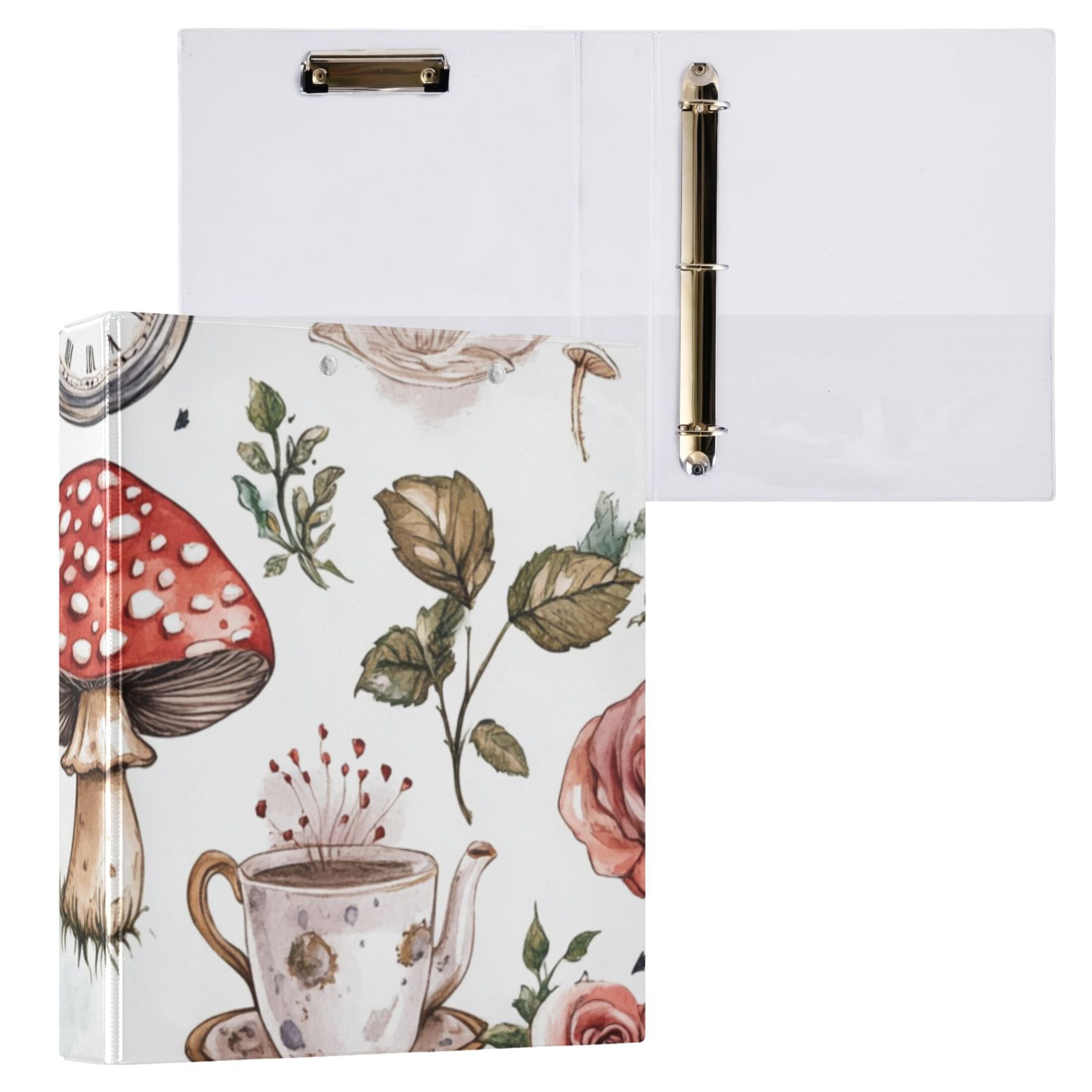 Clocks and Mushroom 3 Ring Binders 1.5 inch Hardcover File Folders with Interior Pockets A4 Size Organizer for School Office Hospital