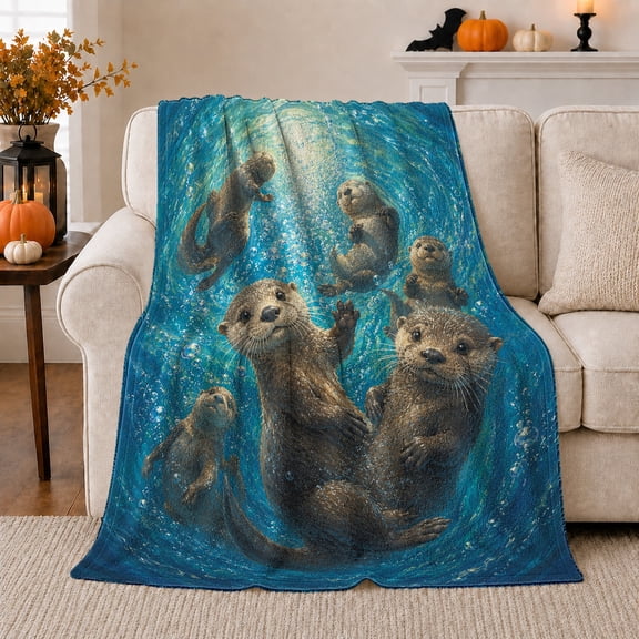 Playful Sea Otters Swimming Underwater, Cozy Friendship Quote Scene, Warm Flannel Blanket for Living Room and Reading Nook, Art Lovers Thanksgiving Gift, Artistic Home Decor