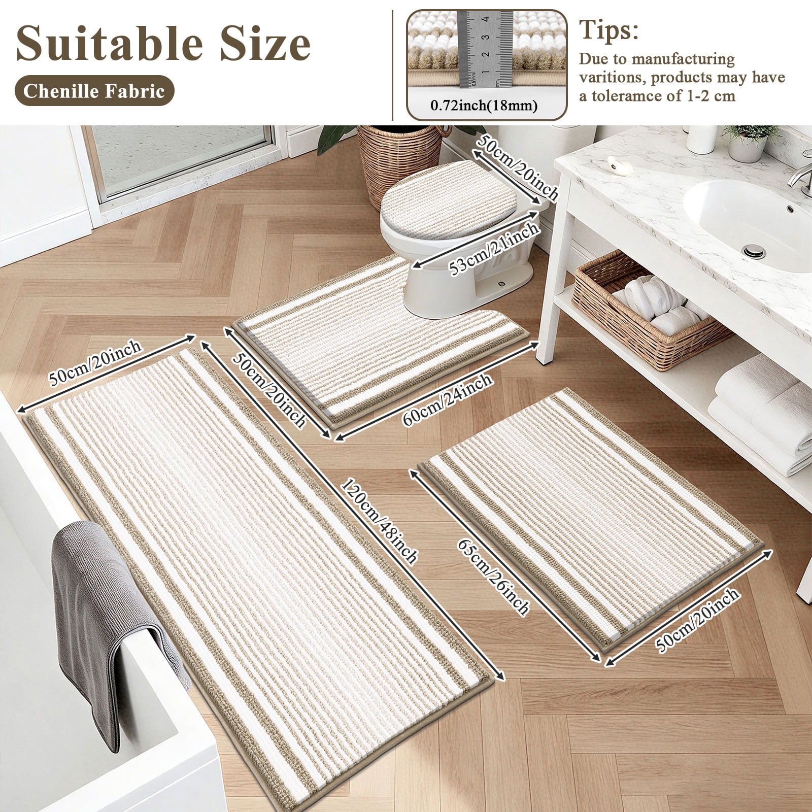 Ileading Chenille Bathroom Rugs Sets 4 Piece, Super Absorbent Non Slip Washable Bath Mat and U-Shaped Contour Toilet Rug Set for Tub Shower Floor Carpet