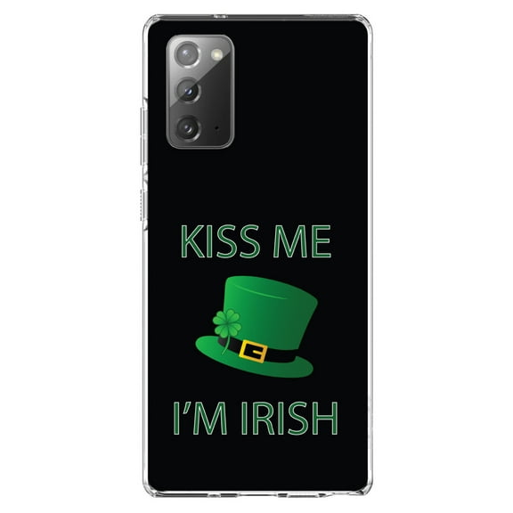 DistinctInk Clear Shockproof Hybrid Case for Samsung Galaxy Note 20 (6.7" Screen) - TPU Bumper, Acrylic Back, Tempered Glass Screen Protector - Black Green Kiss Me I'm Irish