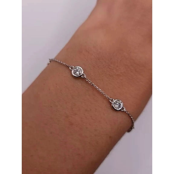 3Ct Round Cut Lab Created Diamond Wedding Chain Yard Stations Bracelet 14k White Gold Plated Silver 7"